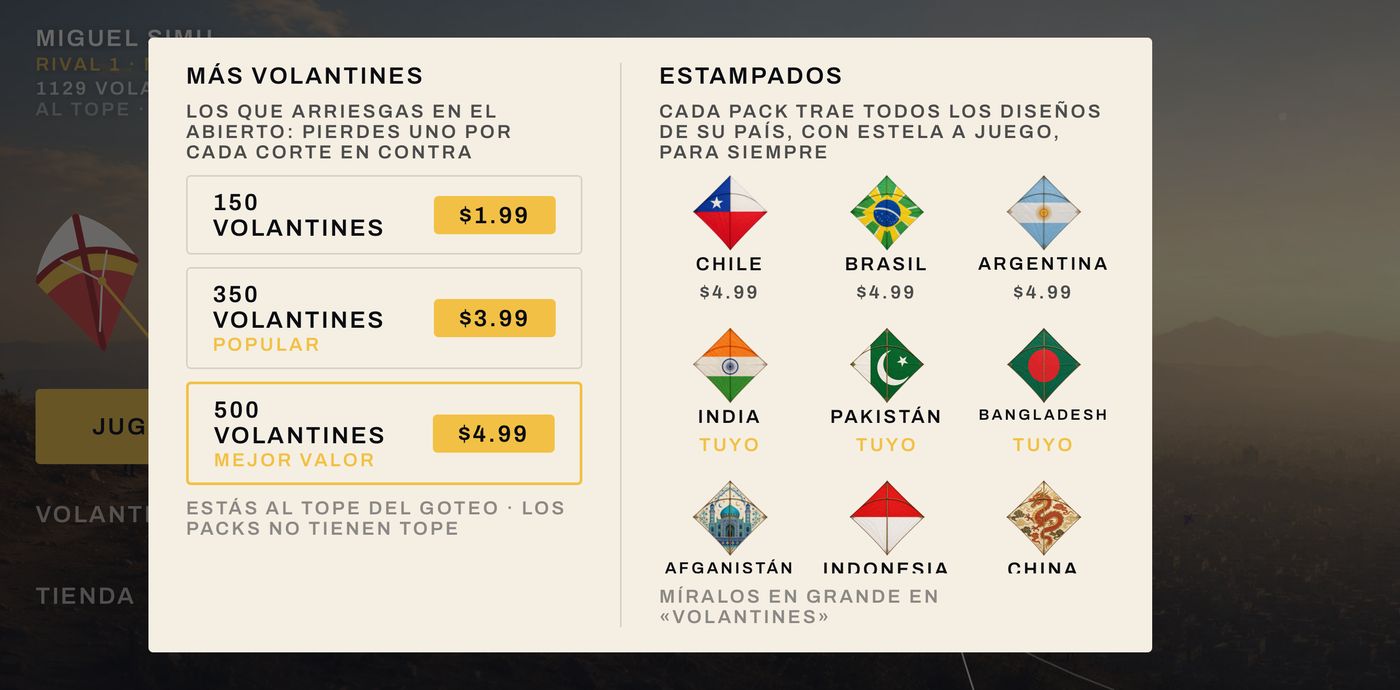 La tienda del juego: a la izquierda los packs de volantines, a la derecha los packs de estampados por país.